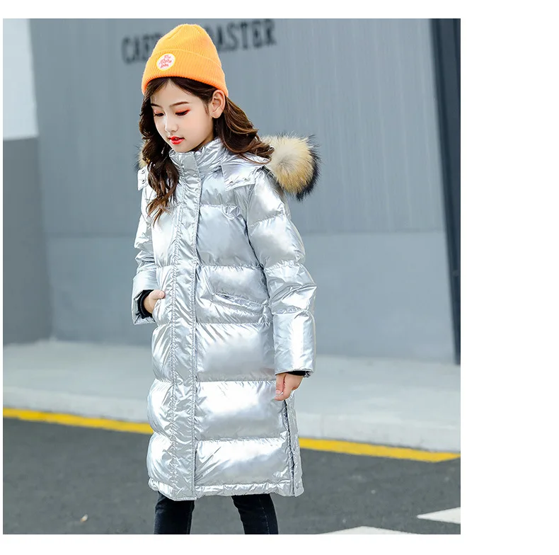 Новое Детское пуховое пальто Детская плотная пуховая куртка с серебристым рисунком длинная ветрозащитная пуховая куртка для девочек Модное теплое пальто для мальчиков