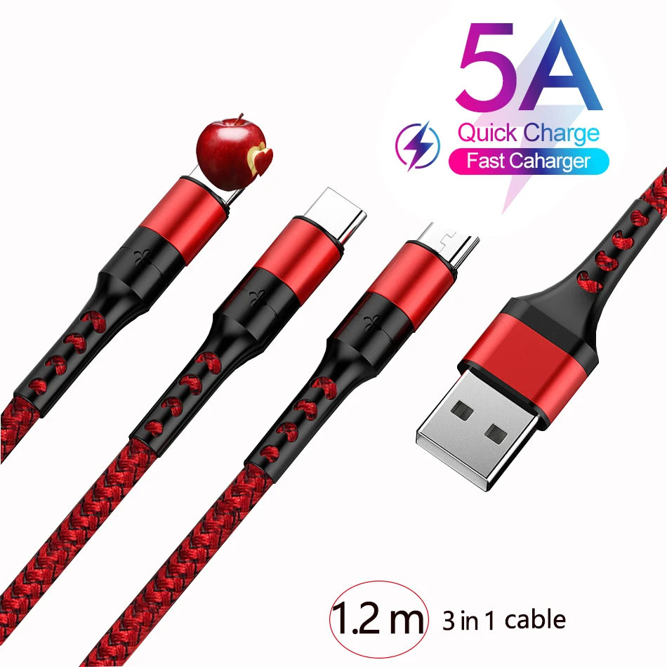 5А 3 в 1 кабель Micro USB нейлоновый плетеный типа C для быстрой зарядки iPhone7 11 XS Samsung Xiaomi