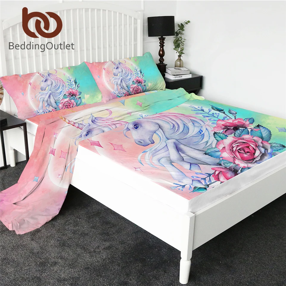 

BeddingOutlet 3D Printed Bed Sheets 4-Piece Microfiber Sheet Set Unicorn Non-Fade Bedspreads Soft Flat Sheet Fitted Sheet Shams