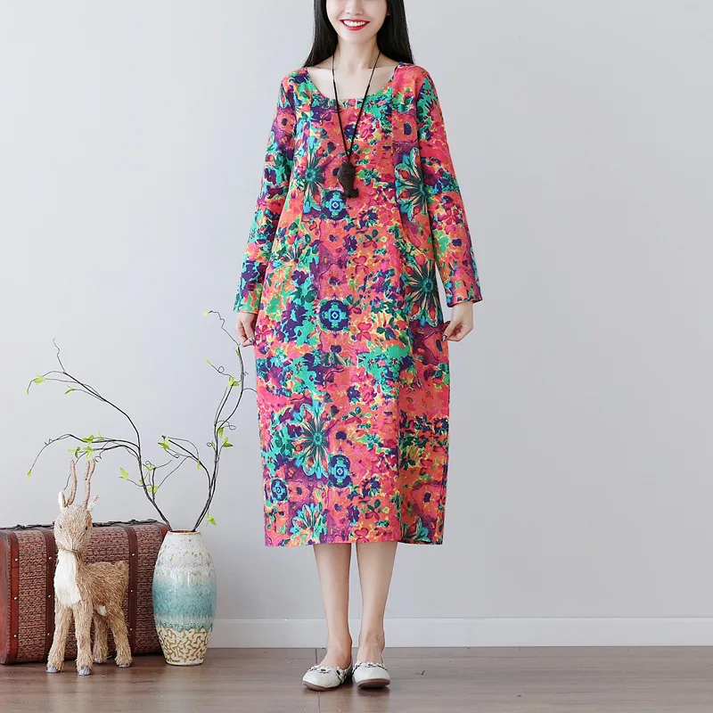 

2019 Spring New Style Literature And Art Large Size Dress National Wind Cotton Linen Printed Loose-Fit Slimming Big Hemline Dres