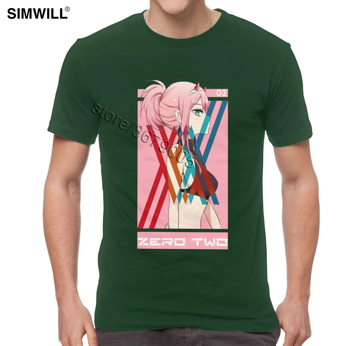 Футболка Darling In The Franxx, мужская, хлопок, Zero Two, футболки, короткий рукав, круглый вырез, модная, аниме, веер, футболка - Цвет: Forest Green