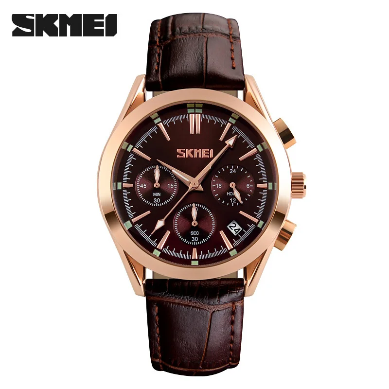 

Skmei 9127 Fashion Men Genuine Leather Casual Business Watch Waterproof Six-pin with Calendar Watch