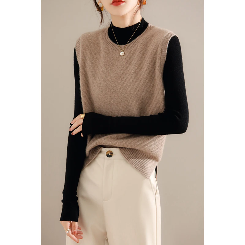 

Women's Waistcoat Autumn And Winter Round Neck Sleeveless Jacquard Vest 100 Wool Fashion Hedging Casual All-Match Knitted Jacket
