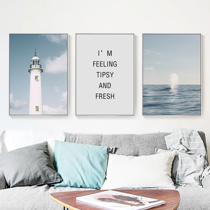 

Modern Nordic Canvas Painting Sea Tower And Blue Whale Poster And Printed Wall Decoration Living Room Bedroom Home Decoration