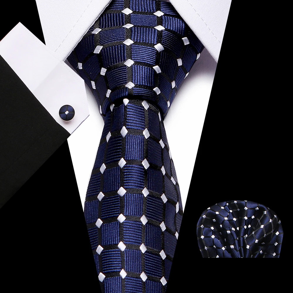 

Luxury 7.5 cm 100% Slik Blue Stripe Dot Tie Clip Handkerchief Cuffink Necktie Set Wedding Formal Dress Accessories Mens tie Gift