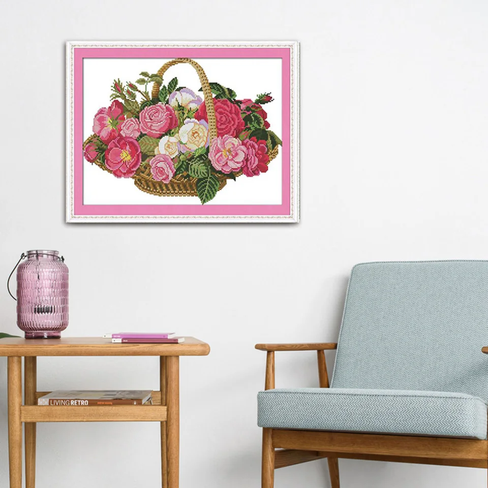 Joy Sunday DIY Набор для вышивания крестиком корзина с розами с принтом Китайская вышивка рукоделие для подвешивания в кабинет или спальню
