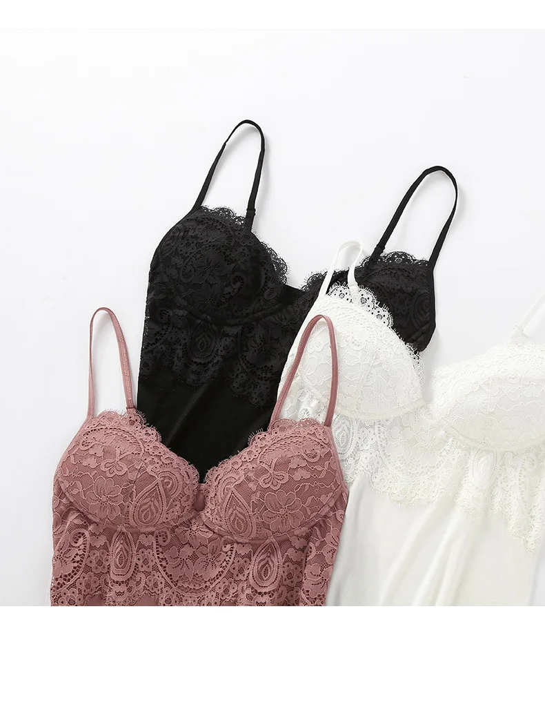 Summer silk sling lace slip dress sexy for women bottoming suspender plus size slim underskirt home nightdress wirefree bra