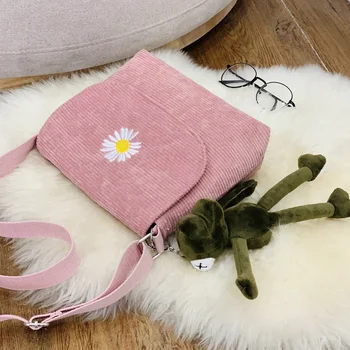 

Women Stripe Corduroy Crossbody Bags Daisy Embroidery Canvas Zipper Shoulder & Messenger Bag Phone Coin Money Handbags For Girls