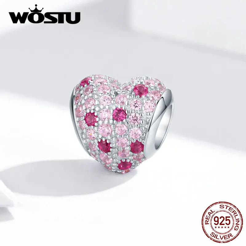 WOSTU 925 пробы серебряные бусины в форме сердца розовый прозрачный Циркон подходит для оригинального браслета Подвески для изготовления ювелирных изделий DAC118