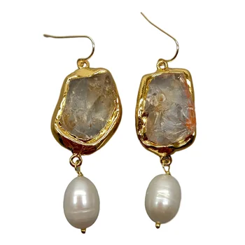 

Natural Citrine Raw Rough Cultured White Rice Pearl Hook Earrings