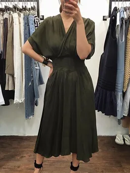 

Summer Casual Sexy Elegant Korean Office Ladies Vintage Women Midi Dresses Black Loose High Waist Solid Female Fashion Dress