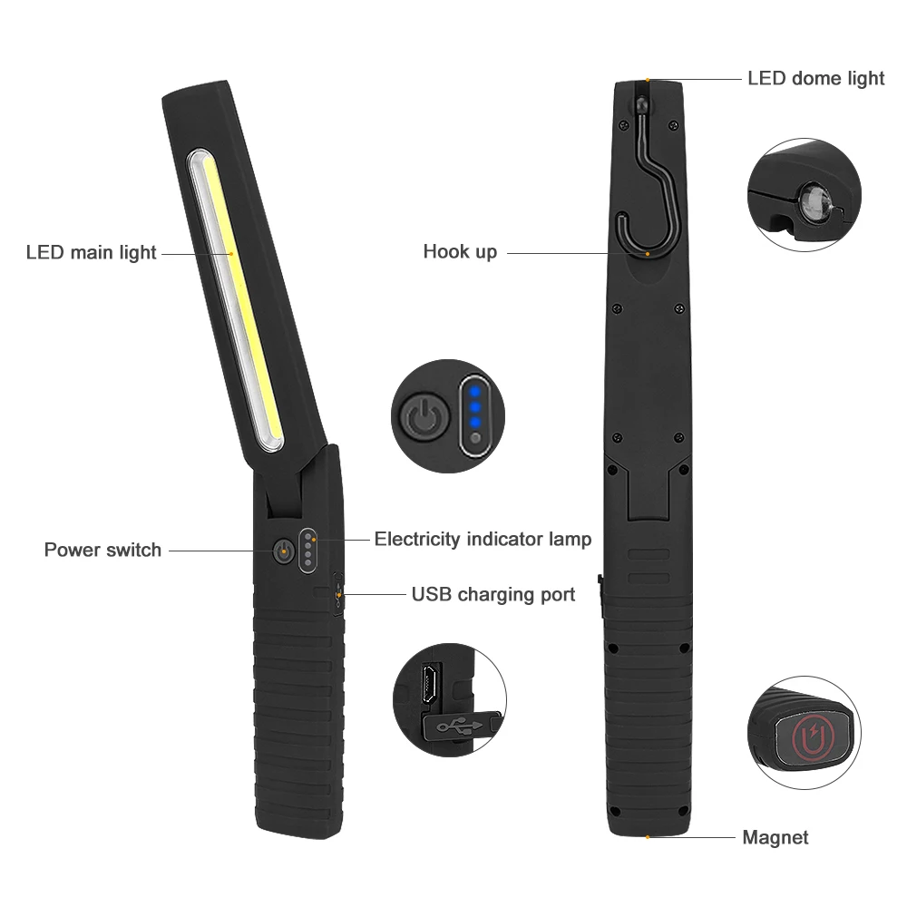 USB Перезаряжаемый фонарик 4 режима COB светодиодный магнитный рабочий свет контрольная лампа подвесной крюк кемпинг фонарь с батареей