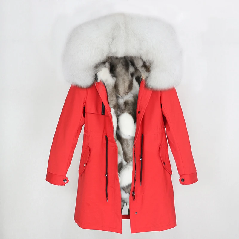 OFTBUY настоящая меховая парка зимняя куртка женская натуральный Лисий меховой капюшон, воротник лиса пальто с подкладкой Толстая теплая верхняя одежда Уличная Повседневная - Цвет: red white