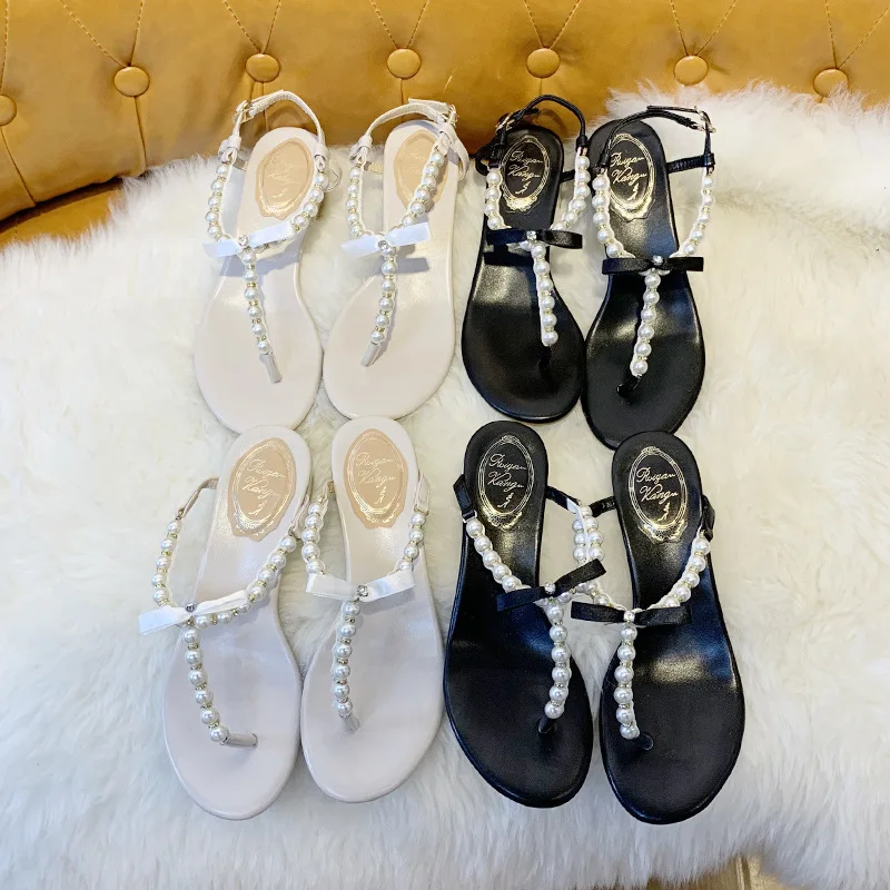 

2019 Summer New Style Bow Pearl Flip-flop Sandals Women's Outer Wear Versatile in Chunky-Heel Beach Genuine Leather Flip-flops