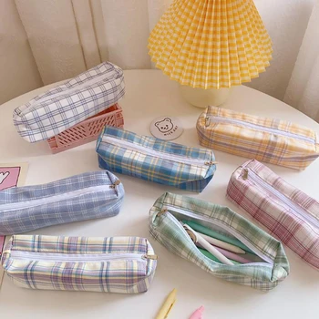 

1 Pcs Simple Grids Pattern Canvas Pencil Case Girls Big Capacity Pencil Bags Travel Cosmetic Case Korean Stationery Gifts