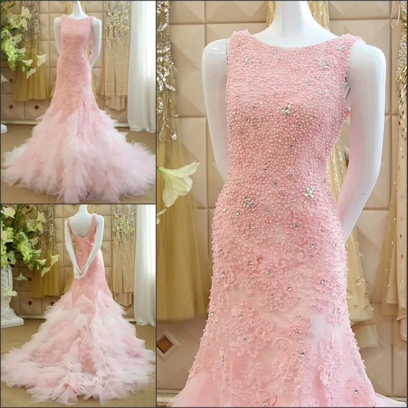 

vestido de festa pearls pink tulle lace appliques mermaid long Prom Dresses 2015 sexy backless louisvuigon woman Evening dress