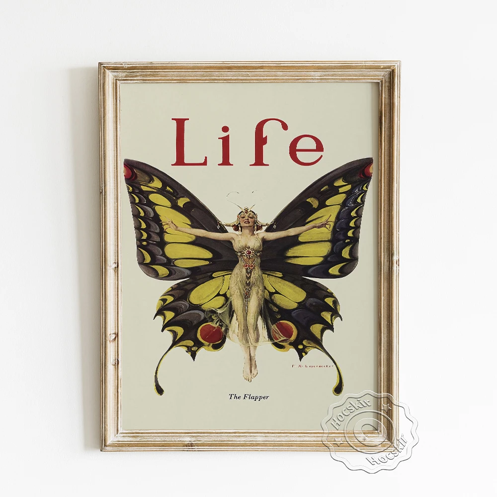 

Life Magazine Cover Vintage Poster, Butterfly Elves Illustration Canvas Painting, The Flapper Woman Home Decor Wall Hanging