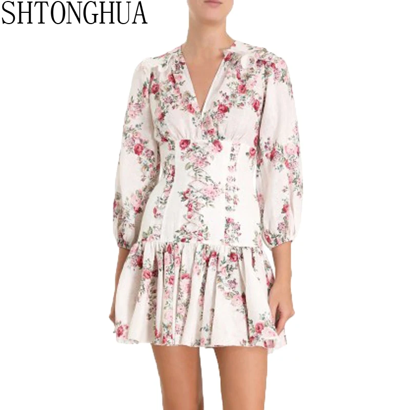 

SHTONGHUA Newest Autumn Holiday Dress Runway Designer Floral Print Cross Bandage Linen Party Dress Fashion Bodycon V Neck Dress