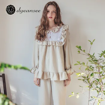 

DAS Pyjamas Women's Autumn/Winter New Korean Court Small Sexy Lace Cotton Cute Casual Home Wear Set