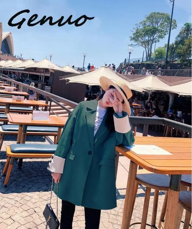 Genuo, новинка, женские, новые, модные, контрастные цвета, с манжетами, из кусков, свободные, более размера, блейзеры для женщин, весна, большой размер, повседневная куртка