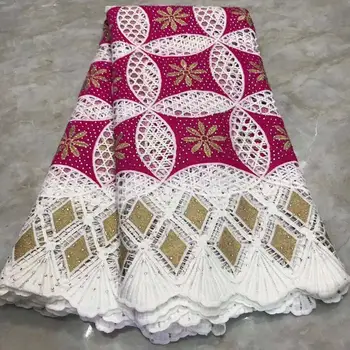 

Latest French Mesh Net Lace Fabric Cheap African Dry Voile White with red Nigerian Tulle Lace Fabric With Stones For Dress Sew