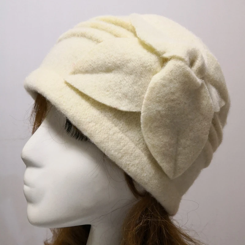 

Vintage black woolen hat dome bow lotus leaf big hat lady autumn and winter hat temperament hat