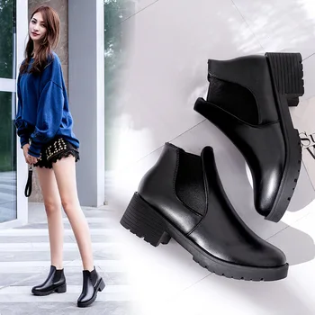 

Fashion Chelsea PU Solid Fall Ankle Boots Women Sewing Med Ankle Round Toe Boots Square Heel Casual Elastic Band Shoes Plus Size
