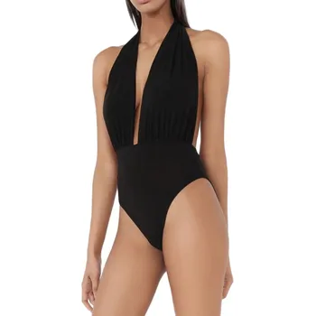 

New Arrival Women Plunge Halter Neck Jumpsuit Backless Stretch Biquini Deep-V Bathing Suit Solid Color Lengerie Padded Underwear