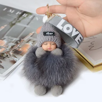 

High quality Sleeping Baby Doll KeyChain true fox Fur ball Fluffy Key chain Women car Key Ring female bag jewelry pendant gifts