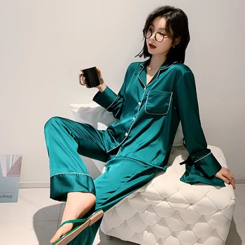

Pajamas set spring and summer women's nightwear 2PC large size loose long-sleeved home service cloth bag solid color pijamas