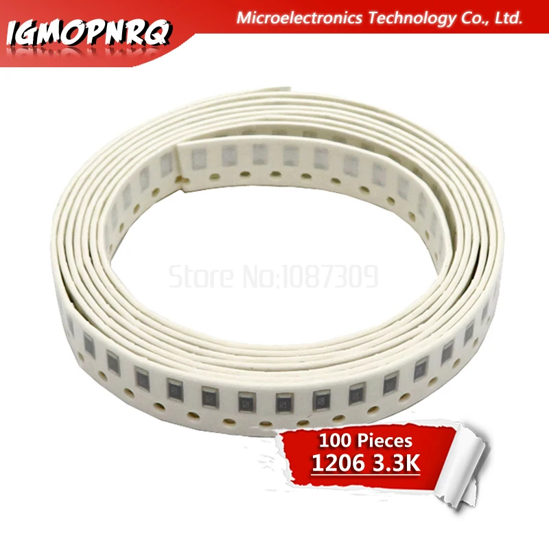 100PCS chip de resistor SMD Resistor 1206 5% 3.3K ohm 0.25W 1/4W 3K3 332