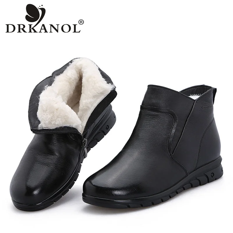 

DRKANOL Women Snow Boots 2019 Winter Warm Thick Wool Ankle Boots For Women Genuine Leather Zipper Flat Women Boots Botas Mujer