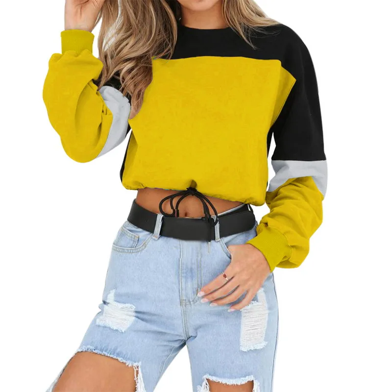 Осенние популярные женские толстовки с длинным рукавом, Свободный укороченный топ, свитшот, повседневный лоскутный пуловер с круглым вырезом и эластичной талией, уличная одежда - Цвет: Yellow