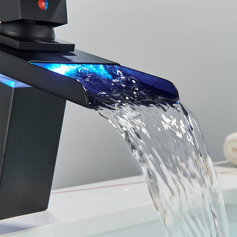 Description Picture 5 of itemMatte Black LED Basin Faucet Brass Waterfall Temperature Colors Changing Bathroom Mixer Tap Deck Mounted Wash Sink Glass Taps