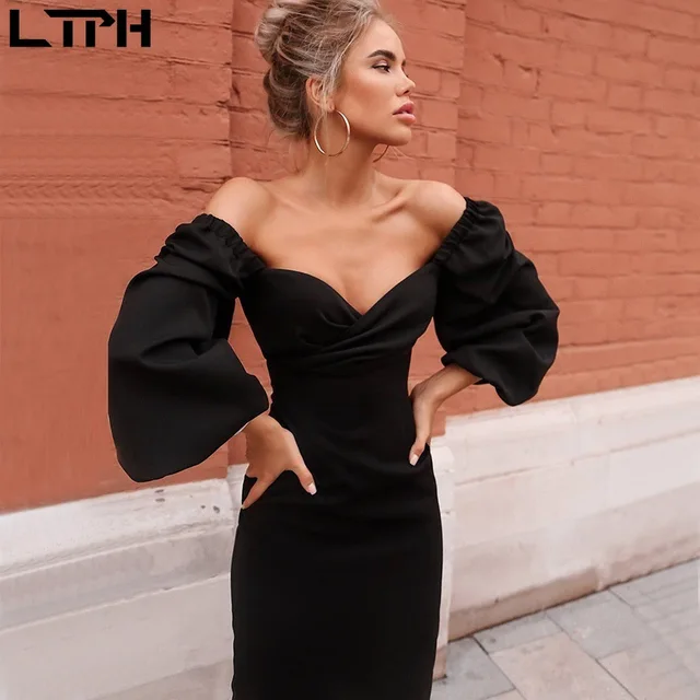 LTPH Hot sale 2020 autumn winter new women dress sexy tube top low collar puff sleeves solid color long fashion pencil dresses 1