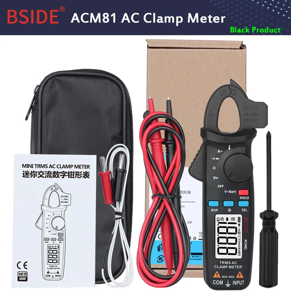 ACM81-Black BSIDE ACM81 Токоизмерительные клещи, точность 1 мА, автоматический цифровой мультиметр, ток, постоянный ток, переменное напряжение, Диод NCV, тестер температуры - Цвет: ACM81-Black
