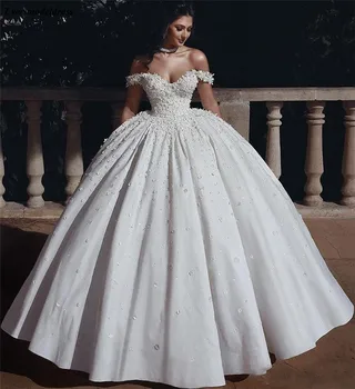 

Ball Gown Princess Wedding Dresses 2019 3D Flowers Off Shoulder Lace Up Back Bridal Gowns Bride Dress Vestido de noiva