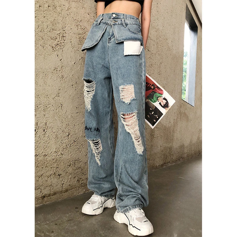 2020 new summer tide ripped Jeans high detachable fake two piece Jeans woman pants Denim Jeans Streetwear|Jeans| - AliExpress