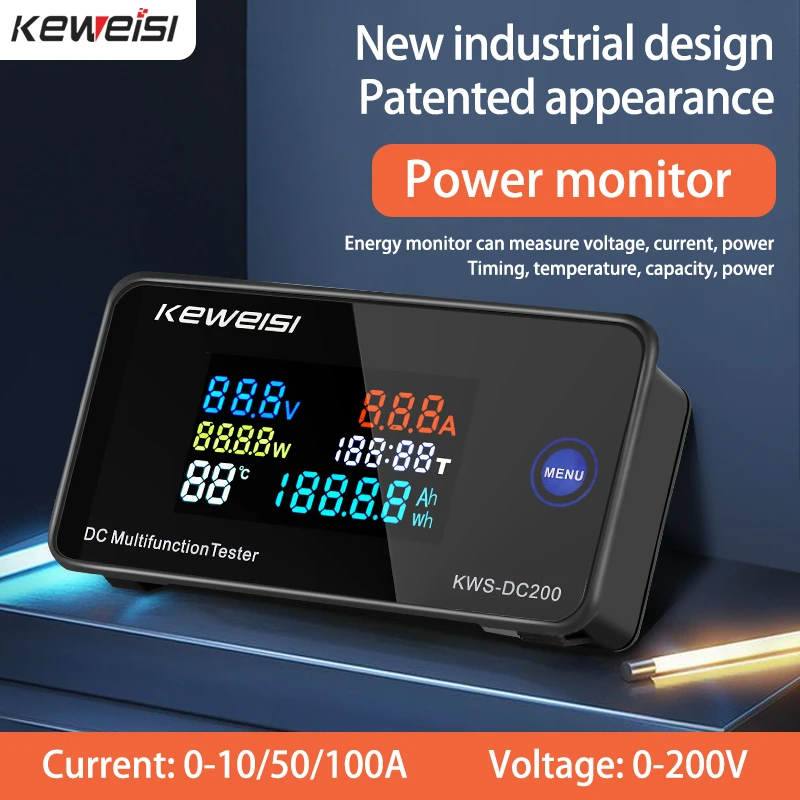 KWS DC Power Monitor Digital Display Voltage Current Meter with Reset Function Color Screen Power Tester Detector 0-200V 0-100A litmus paper