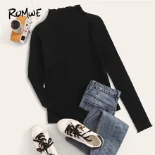 ROMWE Lettuce Trim Neck Rib-Knit Form Fitted Top Solid Fall Clothes for Women Stand Collar Black T Shirt Long Sleeve Ladies Tops