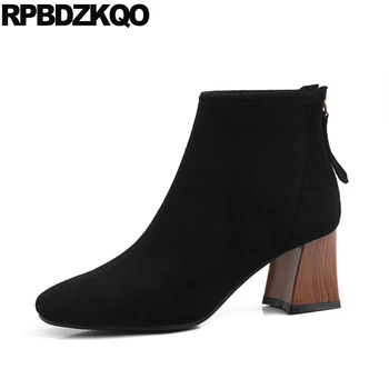 

black size 34 square toe winter chunky autumn women ankle boots medium heel vintage booties shoes fall block suede fur short