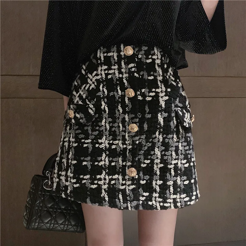 

Plaid Tweed Skirts Women Button Autumn Mini Pencil Skirts Winter Wool Skirts Korean Bodycon High Waist Elegant Tweed Skirt V619
