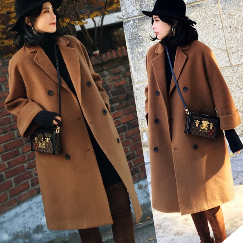 

Real wool 2019 new autumn winter coat long loose wool coat female over the knee high-end slim women dames mantel jas long coat