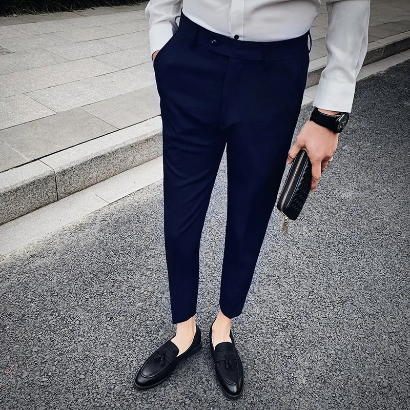 navy blue Весна британский стиль сплошной костюм брюки мужские Pantalon Hombre горячая Распродажа уличная Мужская брюки деловой строгий костюм мужские штаны - Цвет: navy blue