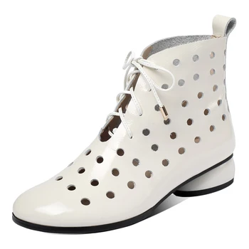 

Genuine Leather Summer Women Ankle Boots Cutout Breakthrough Trends Low Heels Round Toe yellow Black lace up sheos woman