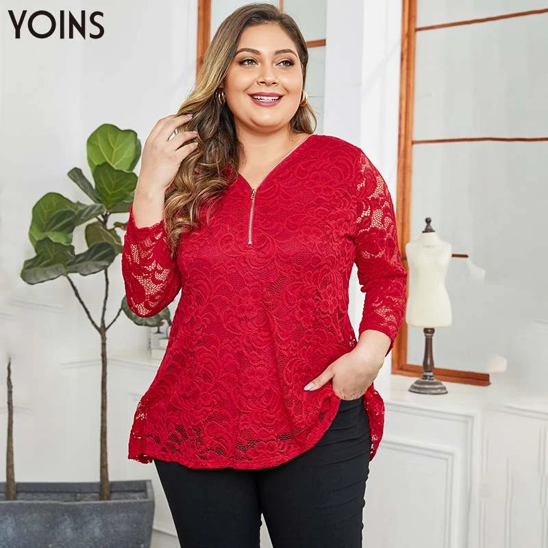 Blusa de manga con cuello en V y cremallera de encaje hueco de talla grande elegante de YOINS 2019 camisas sexis para mujer Blusas para mujer| Blusas y camisas| - AliExpress
