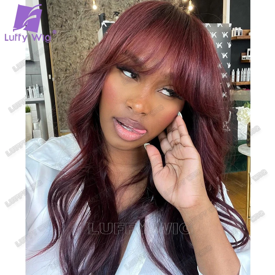 #99j Color Burgundy Wavy Wig with Bangs Human Hair Full Machine Made Scalp Top Wig 180 Density Red Remy Brazilian Wigs for Women