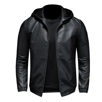 

2020 new men's zipper hooded leather clothing Korean version of slim-fitting solid motorcycle PU leather jacket size M-5XL