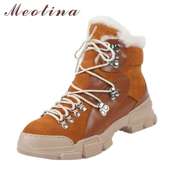 

Meotina Women Snow Boots Shoes Real Leather Platform Mid Heel Ankle Boots Rivet Lace Up Thick Heels Short Boots Winter Yellow
