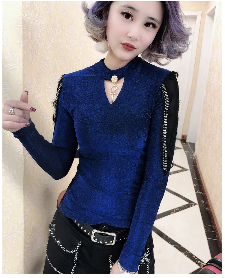 Blue tshirt Корейская мода, Лоскутная Сексуальная Сетчатая футболка с бисером, яркие золотые футболки, новинка, Осень-зима, Топ с длинным рукавом, Camiseta Mujer T97912 - Цвет: Blue tshirt